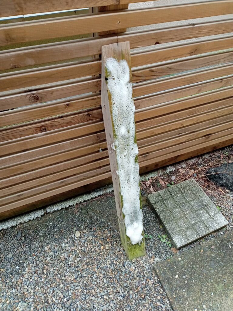 材木に着いた藻にキッチン泡スプレーをスプレーした